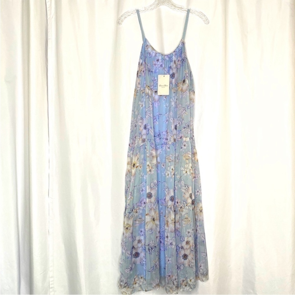 Elena Baldi blue Silk Blend Floral Tiered Maxi Dress large new with tags